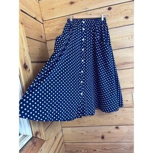 Navy Blue White Polka Dot Button Front Midi Skirt with Pockets Elastic Waist